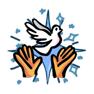 two yellow hands have let go of a white dove, the dove is in flight above the hands. Behind the bird and hands is a big blue diamond shaped star. Around the image are blue stars and little streaks. The entire image is outlined in thick white lines in the style of a sticker